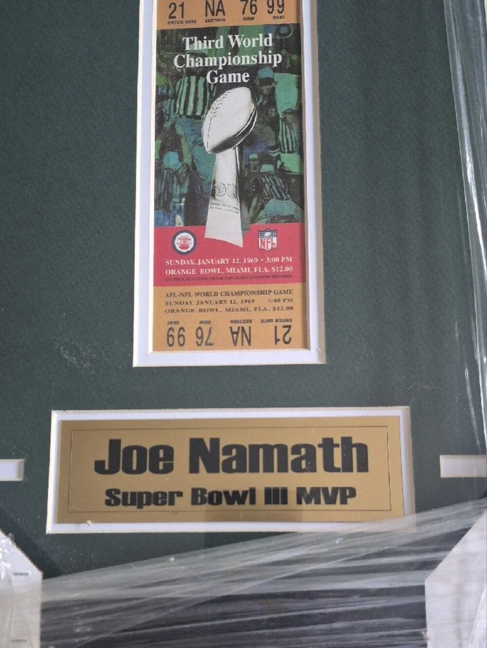 Joe Namath Super Bowl III MVP with Ticket From Super Bowl III